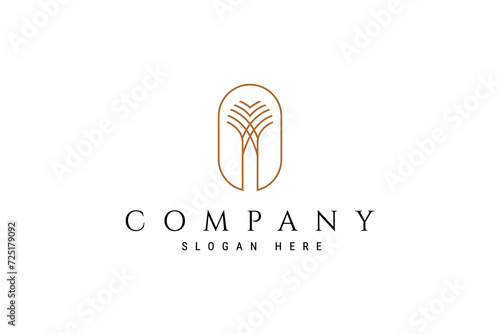 Elegant Palm icon linear outline mono line vector logo design in gold color oval frame