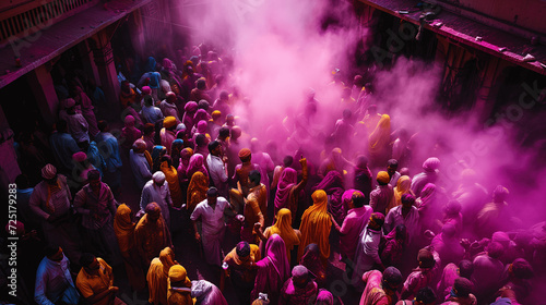 Overhead View of Holi Celebrants Enveloped in Pink Mist