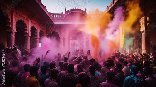 Vibrant Holi Celebration with Colorful Powder at Indian Palace