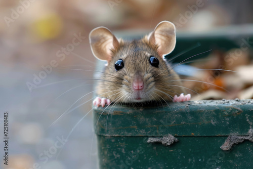 A rat peek out on a trash can in the city. Generative AI,