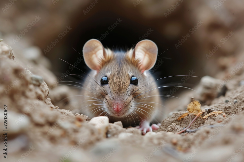 field mouse peeks out of an earthen hole. Generative AI field mouse peeks out of an earthen hole. Generative AI