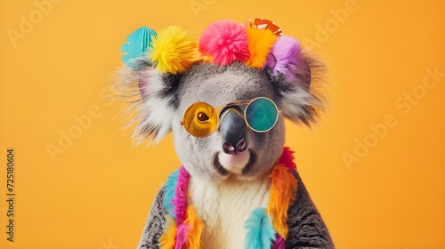 Creative animal concept. Koala, vibrant bright fashionable outfits isolated on solid background advertisement with copy space. birthday party invite invitation banner