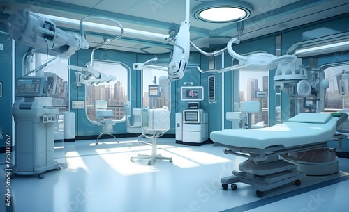 An operating room in the hospital. An operating room bed with medical equipment.