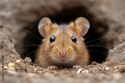 field mouse peeks out of an earthen hole. Generative AI