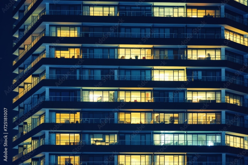Obraz premium Modern Office with Night time Illumination and Shadows, business people working inside. AI generative