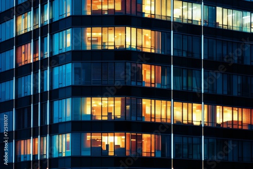 Modern Office with Night time Illumination and Shadows, business people working inside. AI generative
