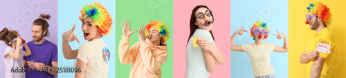 Set of different people celebrating April Fools Day on color background