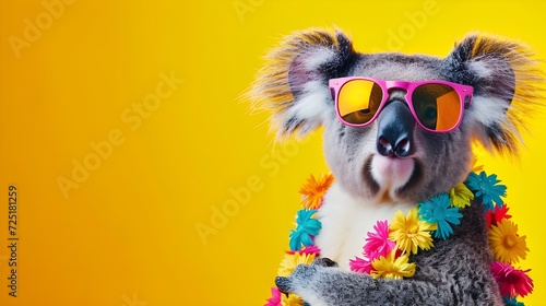 Creative animal concept. Koala, vibrant bright fashionable outfits isolated on solid background advertisement with copy space. birthday party invite invitation banner