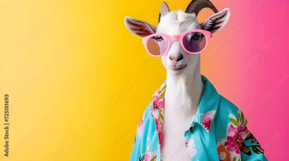 Creative animal concept. Goat, vibrant bright fashionable outfits isolated on solid background advertisement with copy space. birthday party invite invitation banner