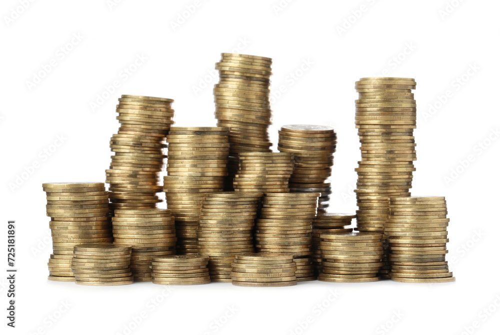 Many golden coins stacked on white background Many golden coins stacked on white background