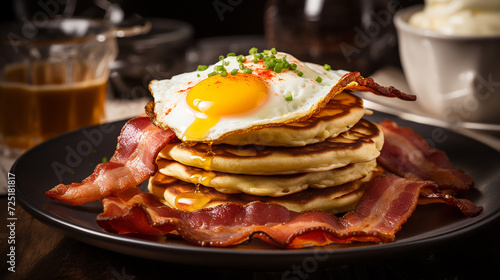 Healthy Full American Breakfast with Eggs Bacon Pancake on black plate background