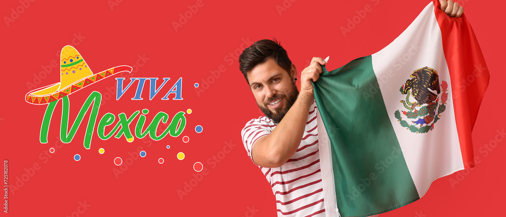 Fototapeta premium Handsome man with Mexican flag and text VIVA MEXICO on red background