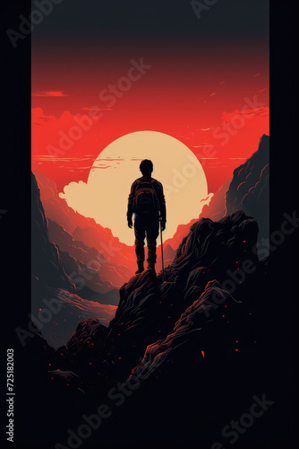 male silhouette in the mountains at sunset