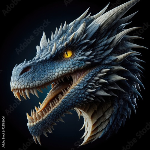 Envision a dragon  its head a masterpiece of detail. Its body is armored in blue scales  its eyes are a piercing yellow  its teeth are deadly sharp  and its tongue is rough and textured