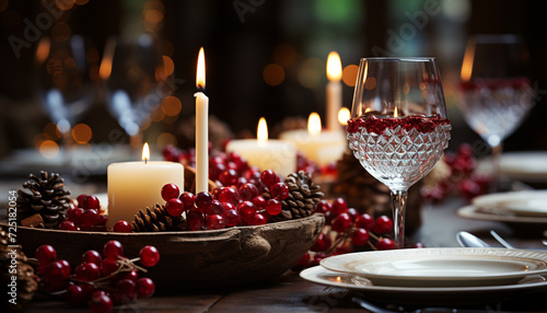 Candlelight illuminates table, wineglass, and Christmas decoration generated by AI