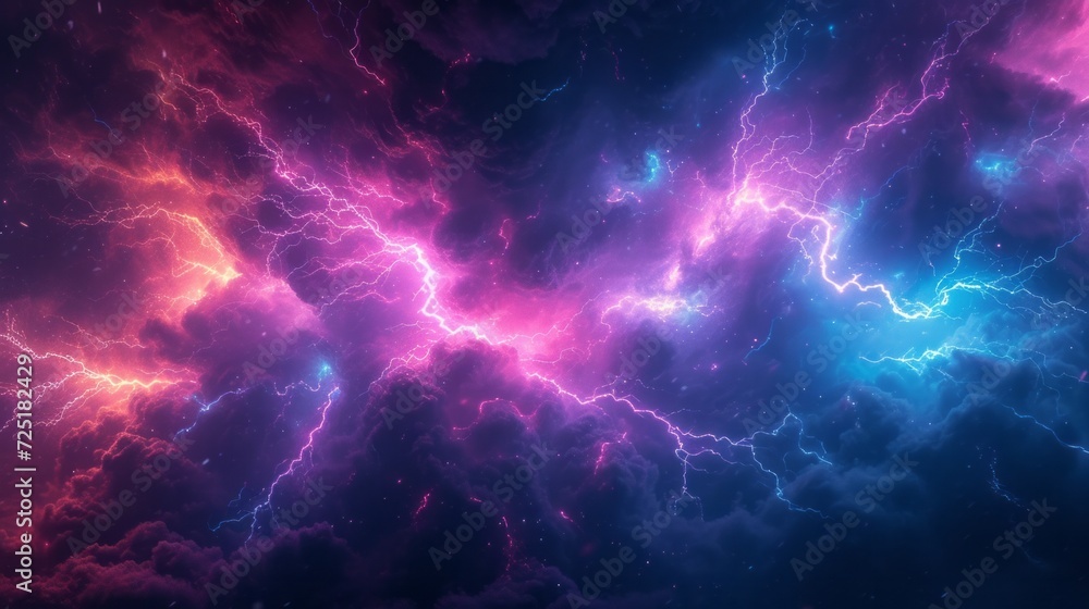 Electric force of nature: powerful lightning strike and energetic sparks against a dark sky. Abstract background of lightning strikes. Electric force of nature: powerful lightning strike and energetic sparks against a dark sky. Abstract background of lightning strikes.