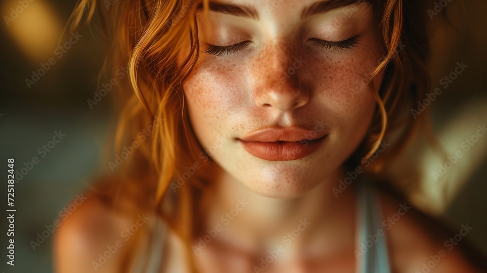 Tranquil close-up of meditative woman, serene mood with realistic skin. Calm and contemplative female portrait. Tranquil close-up of meditative woman, serene mood with realistic skin. Calm and contemplative female portrait.