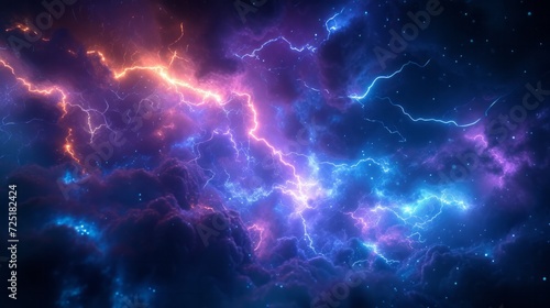 Electric force of nature: powerful lightning strike and energetic sparks against a dark sky. Abstract background of lightning strikes. © Twinny B Studio