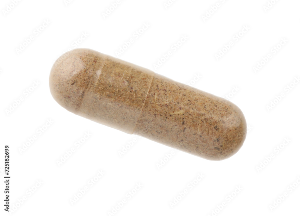 One vitamin capsule isolated on white, top view One vitamin capsule isolated on white, top view
