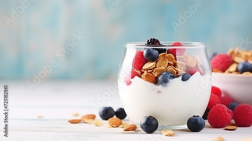 Homemade granola with milk fresh berries milk for breakfast background