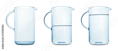 Glass jug isolated on white, collage with empty, semi filled and full