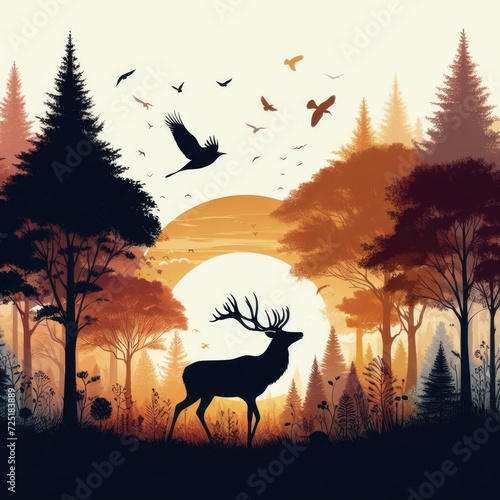 various types of trees with different shapes and colors surrounding the deer  creating a diverse and rich landscape