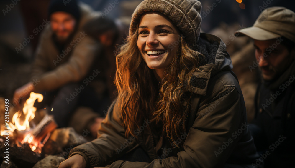 Fototapeta premium Young adults sitting by campfire, enjoying nature together generated by AI