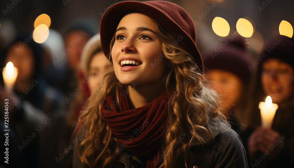 Young women smiling, celebrating, happiness, illuminated night outdoors generated by AI Young women smiling, celebrating, happiness, illuminated night outdoors generated by AI