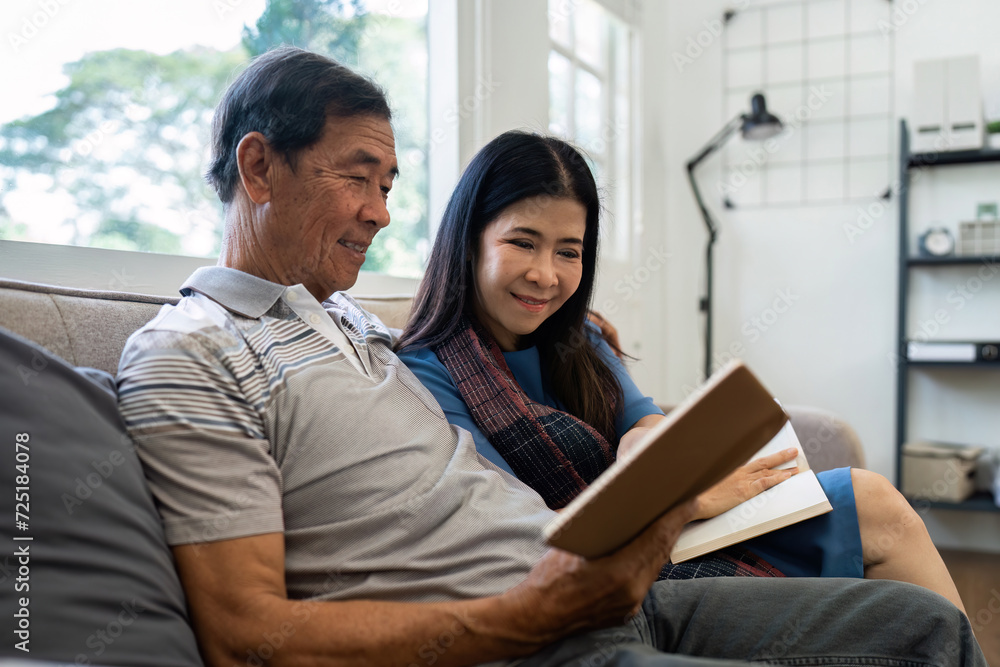 Retired elderly couple sits on couch in their home reading relaxing book. Senior Activity Concept Retired elderly couple sits on couch in their home reading relaxing book. Senior Activity Concept