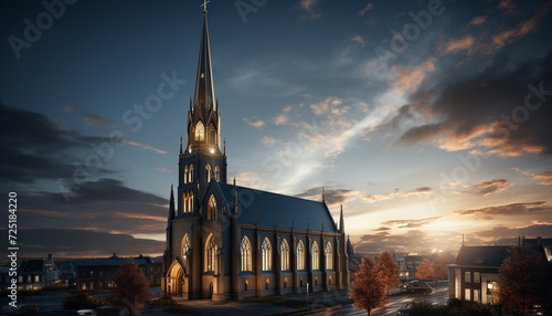 Gothic chapel illuminated by majestic sunset sky generated by AI
