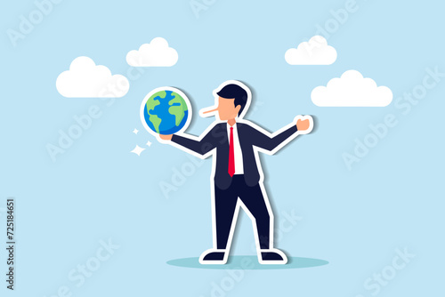 World leader climate change failure, liar cannot keep promise or reduce pollution green house effect, global warming issue concept, businessman politician Pinocchio nose lying about saving the world.