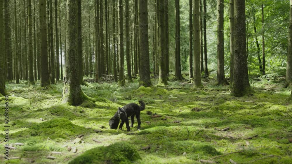 Watch a black Poodle joyfully sniffing through the forest, savoring the scents of nature in a delightful exploration Watch a black Poodle joyfully sniffing through the forest, savoring the scents of nature in a delightful exploration
