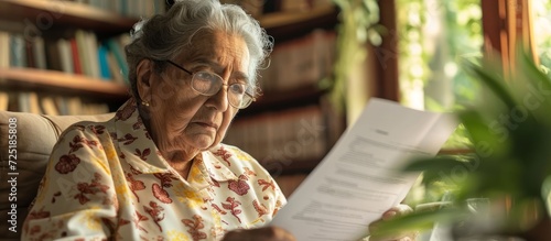 The elderly Latin woman carefully reviews a letter from the bank regarding loan terms and conditions while doing paperwork and checking bills.
