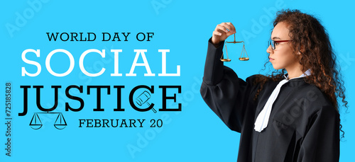 Banner for World Day of Social Justice with female judge holding scales photo
