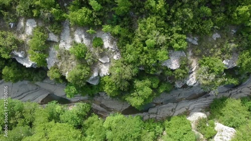 Aerial top-down view of the Papingo Rock Pools, also known as ovires, natural green water pools nestled in a small, smooth-walled gorge near the village of Papingo in Zagori region of Epirus, Greece. photo