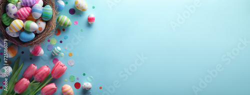 Pastel colored decorated easter eggs and tulips on a bright blue background.