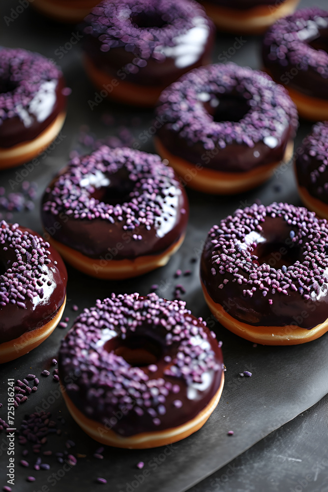 Chocolate donuts with purple sprinkles, delicious pastries, culinary art Chocolate donuts with purple sprinkles, delicious pastries, culinary art