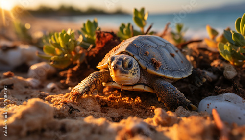 Turtle crawling on sand, slow and cute generated by AI