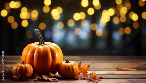 Autumn table decoration pumpkin, leaf, wood, candle, vibrant colors generated by AI