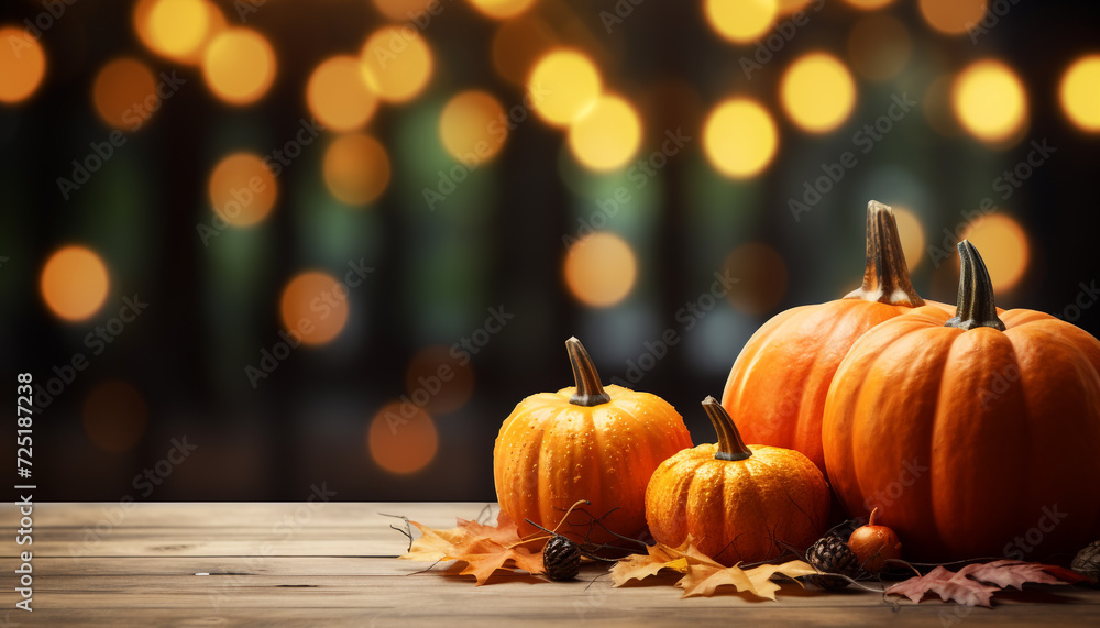 Autumn table decoration pumpkin, leaf, wood, glowing lantern, candlelight generated by AI Autumn table decoration pumpkin, leaf, wood, glowing lantern, candlelight generated by AI