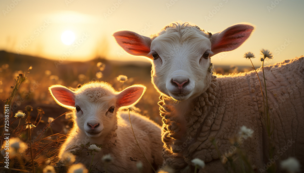 Fototapeta premium Cute young lamb grazing in green meadow generated by AI