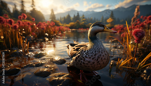 Duck in pond, water bird, nature beauty generated by AI © Jemastock