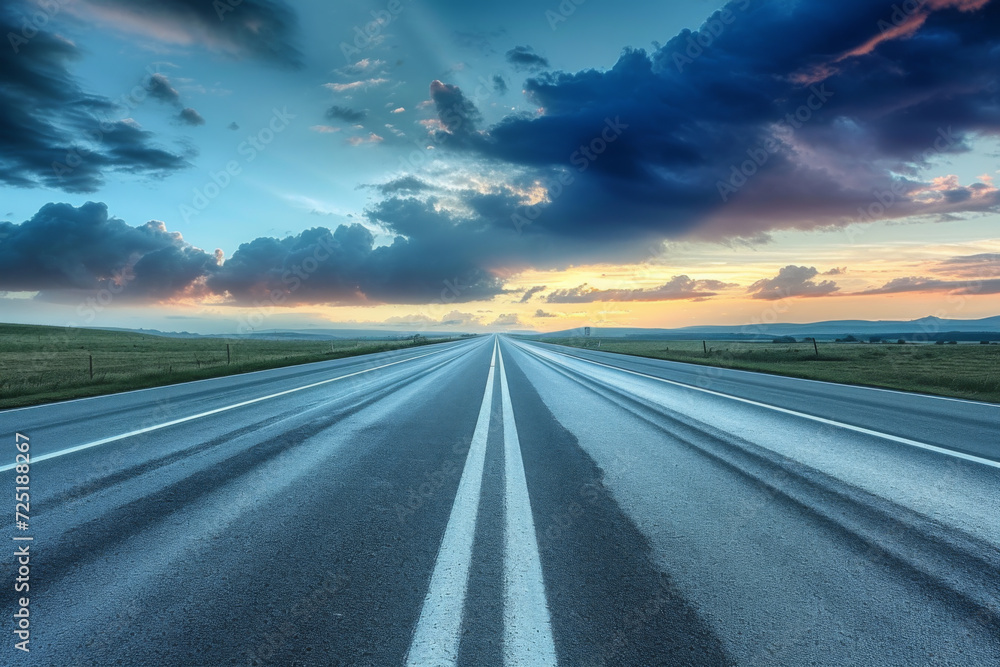 An empty highway moving forward on a cloudy evening.