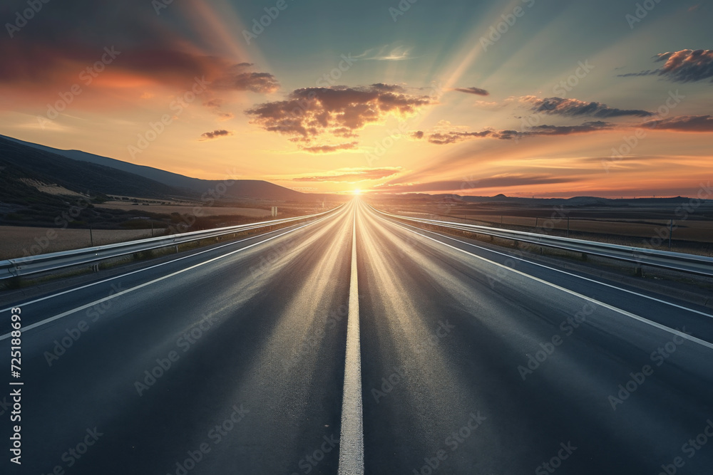 Naklejka premium Wide shot of an empty highway during sunset.