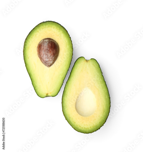 Halves of tasty ripe avocado on white background