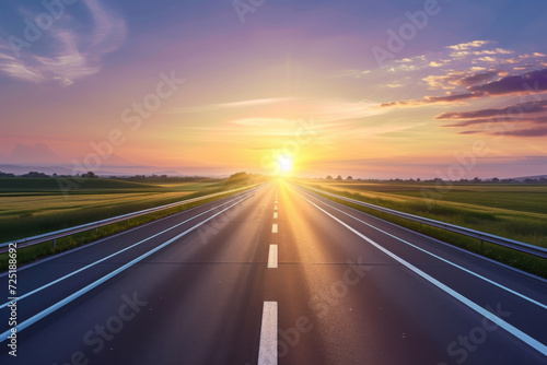 Wide shot of an empty highway during sunset. © imlane