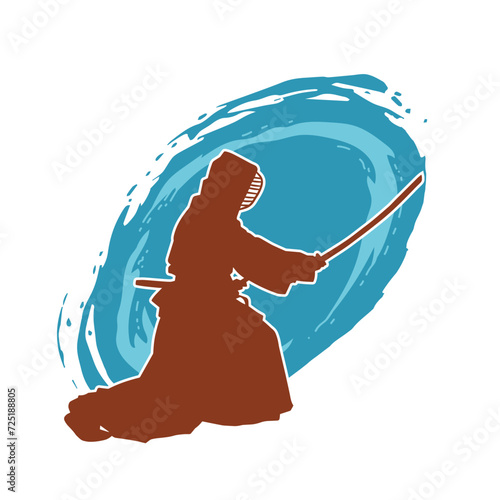 Silhouette of a sword warrior in action pose. Silhouette of a martial art person carrying sword weapon. Silhouette of kendo martial art pose.