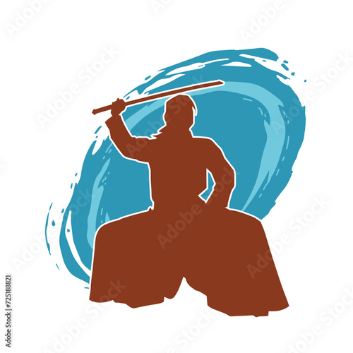 Silhouette of a sword warrior in action pose. Silhouette of a martial art person carrying sword weapon. Silhouette of kendo martial art pose.