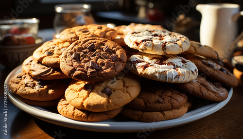Freshly baked homemade chocolate chip cookies on wooden table generated by AI