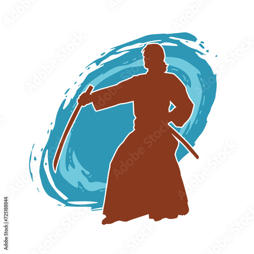 Silhouette of a sword warrior in action pose. Silhouette of a martial art person carrying sword weapon. Silhouette of kendo martial art pose.